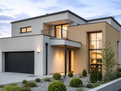 Modern house with rendered exterior walls in soft colours