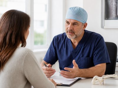 Surgeon consulting patient in private medical clinic