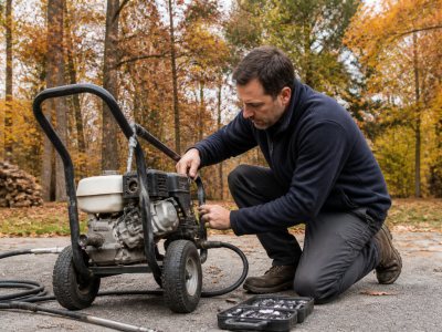 Technician repairing pressure washer outdoors in autumn