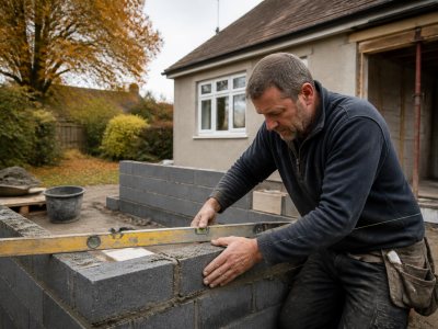 Experienced builder working on house extension in autumn