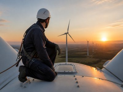 Energy technician inspecting wind turbine at sunrise