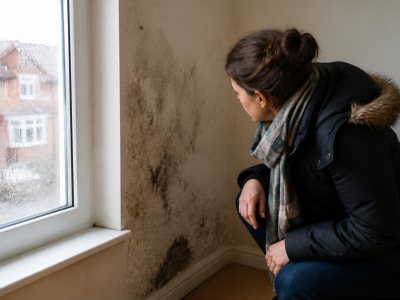 Tenant inspecting damp damage inside winter home