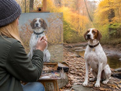 Artist painting a dog portrait in autumn setting