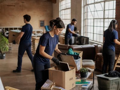 A professional team clearing a cluttered loft space