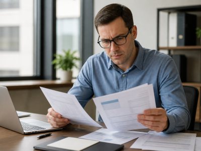 Office worker analysing commercial water bills at desk