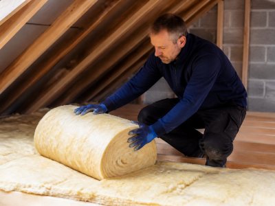 Professional installing loft insulation in a modern home