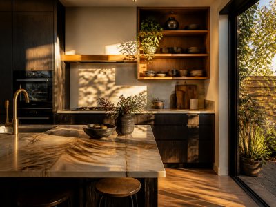 Modern bespoke kitchen with autumn sunlight