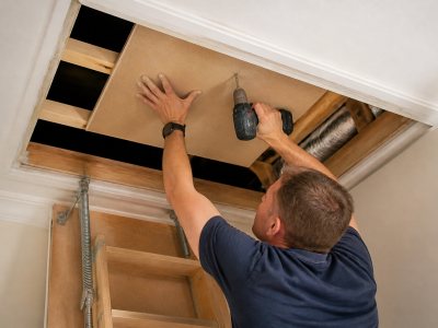 Technician installing loft boarding with tools indoors
