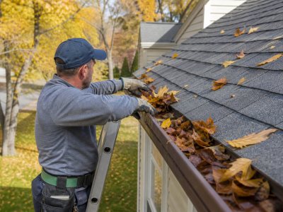 Worker cleaning gutters on a residential home in autumn
