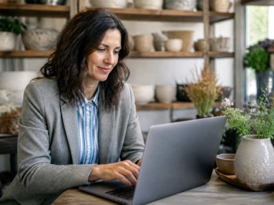 Business owner updating online listing on laptop