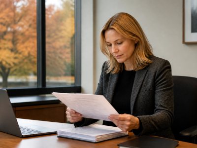 Conveyancer reviewing property documents in autumn office